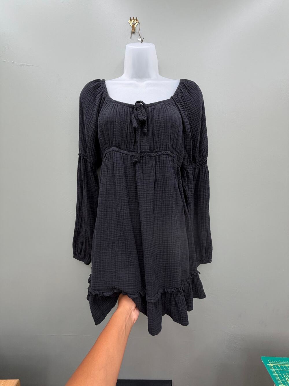 Blue Rain Cotton Gauze Mini Dress M Black Babydoll Puff Sleeve Boho Ruffle